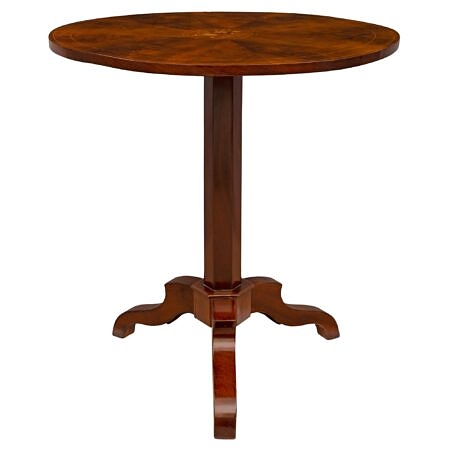 A French 19th century Charles X period flamed Mahogany and Tulipwood tilt top side table