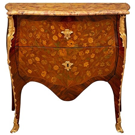 A French 18th century Louis XV period Rosewood, exotic wood, ormolu and Brèche d’Alep marble commode