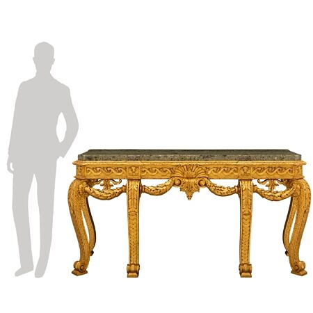 An English mid 19th century George II st. giltwood and Brèche Verte marble console in the manner of William Kent