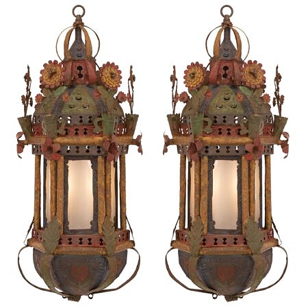 A pair of Italian 18th century Venetian st. patinated metal and tole lanterns