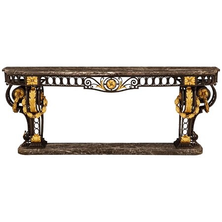 A French 19th century Louis XVI st. wrought iron, gilt metal and Gris St. Anne marble console