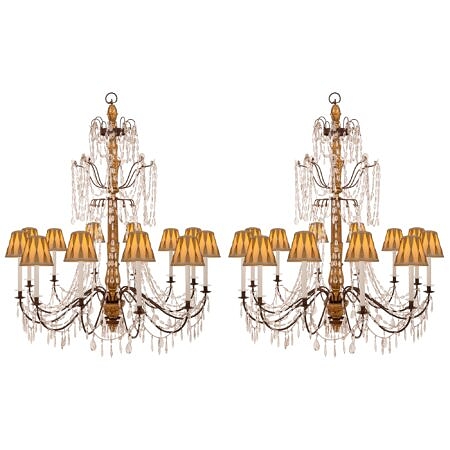 A pair of Italian 18th century Genovese st. giltwood, glass and crystal chandeliers