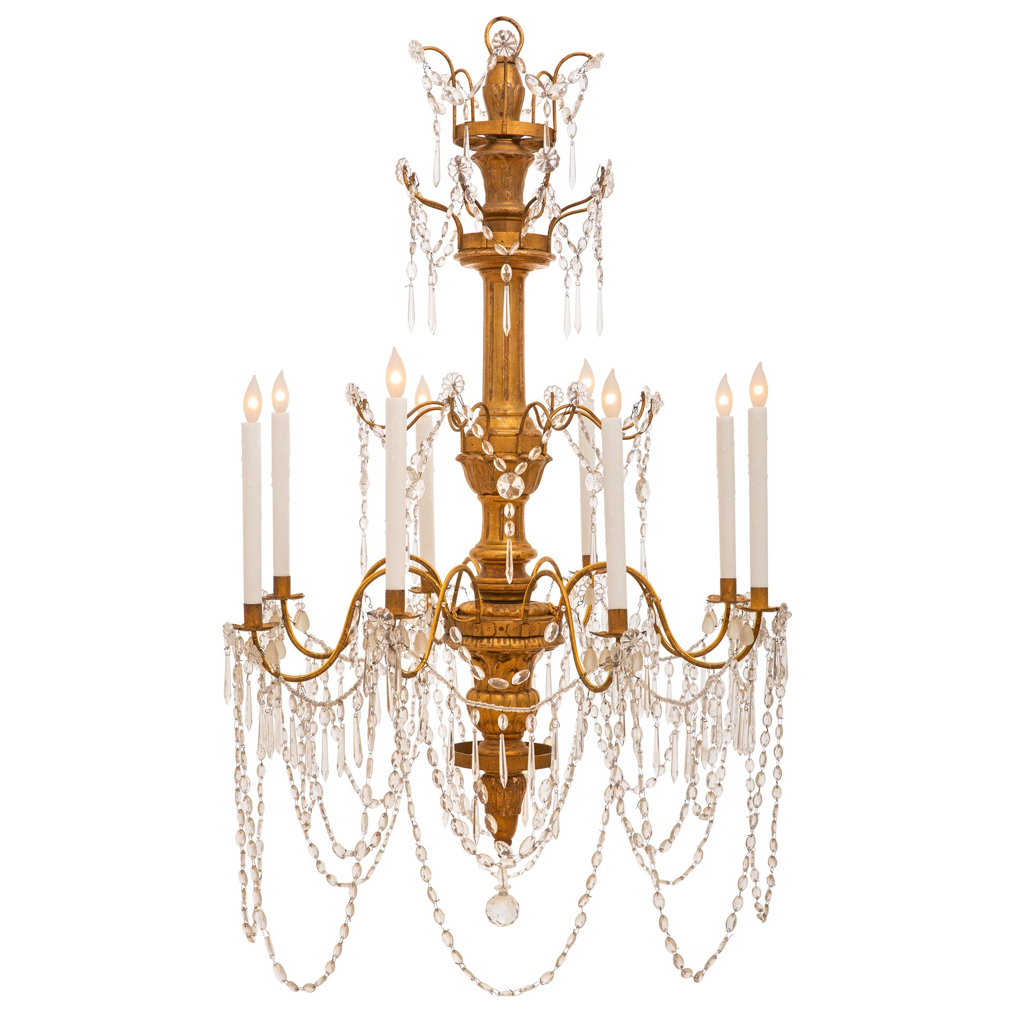 An Italian Early 19th Century Giltwood, Crystal And Frosted Glass Chandelier