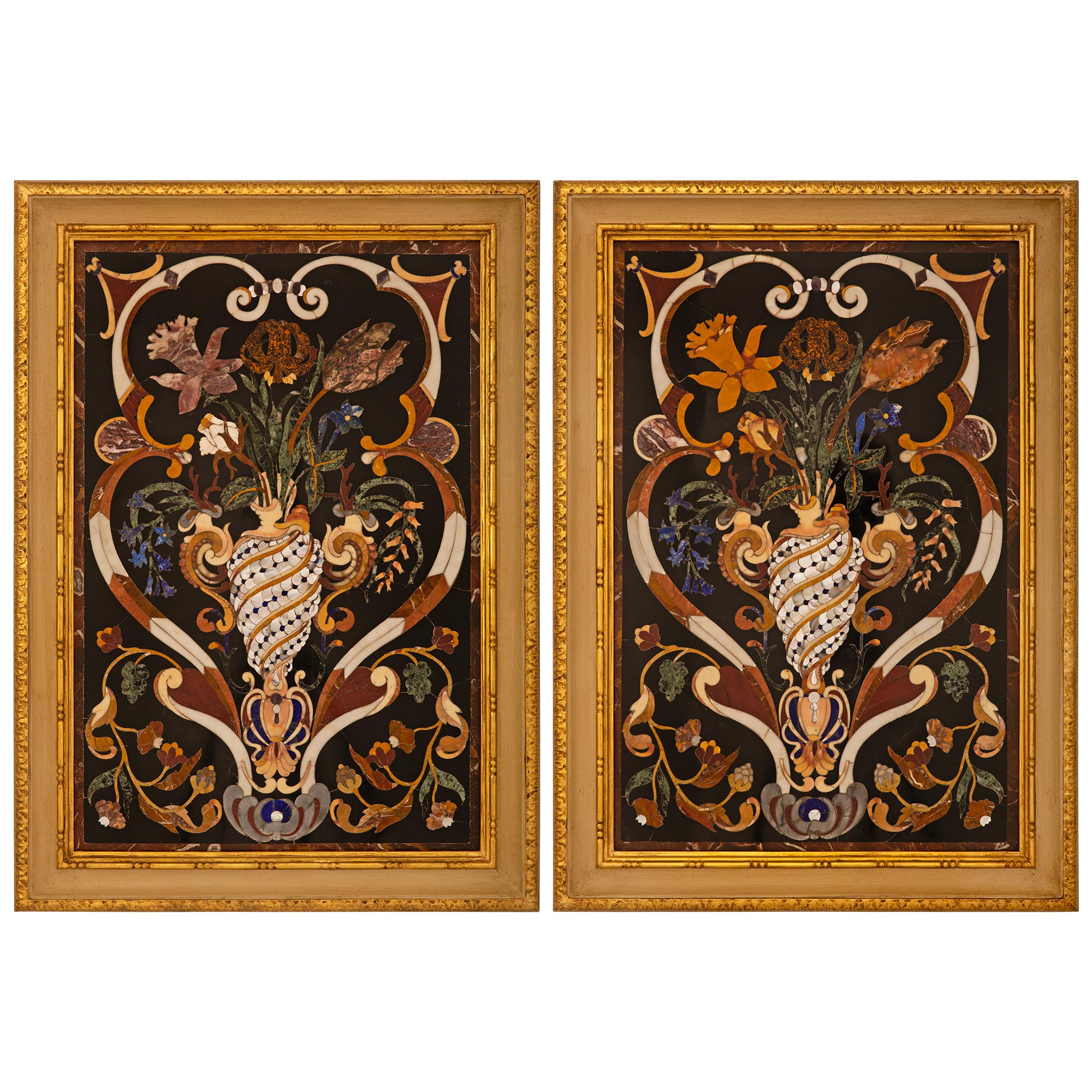 A Pair Of Italian 19th Century Pietra Dura Marble And Mother Of Pearl  Inlaid Plaques