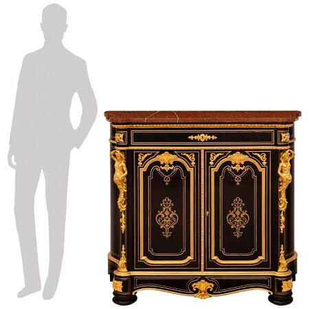 A French 19th century Napoleon III Period Louis XVI st. Ebony, Ormolu, Giltwood and Rouge Griotte marble cabinet