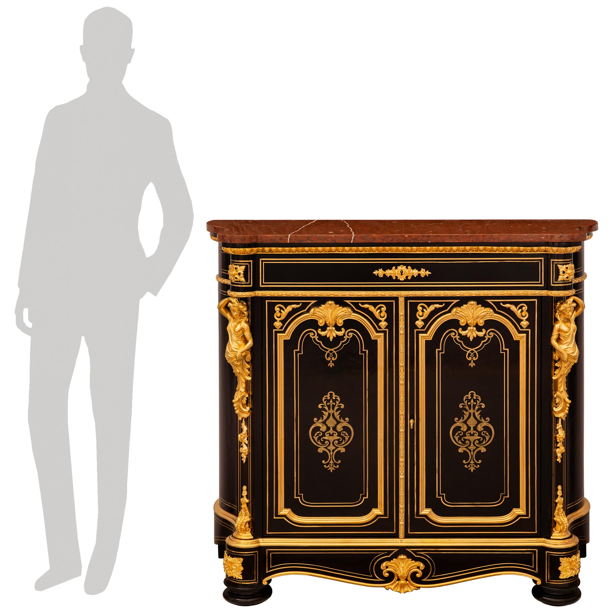 A French 19th century Napoleon III Period Louis XVI st. Ebony, Ormolu, Giltwood and Rouge Griotte marble cabinet