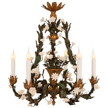 A French 19th century Louis XVI st. Saxe Porcelain, Gilt Metal and Tole chandelier